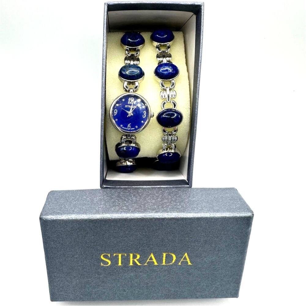 Strada silver tone genuine blue lapis lazuli quartz ladies watch bracelet set